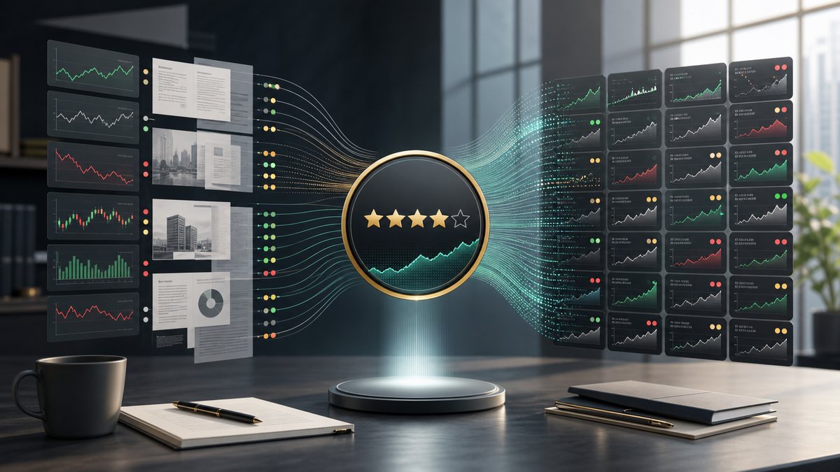 Abstract AI stock ratings dashboard with market data streams converging into one signal