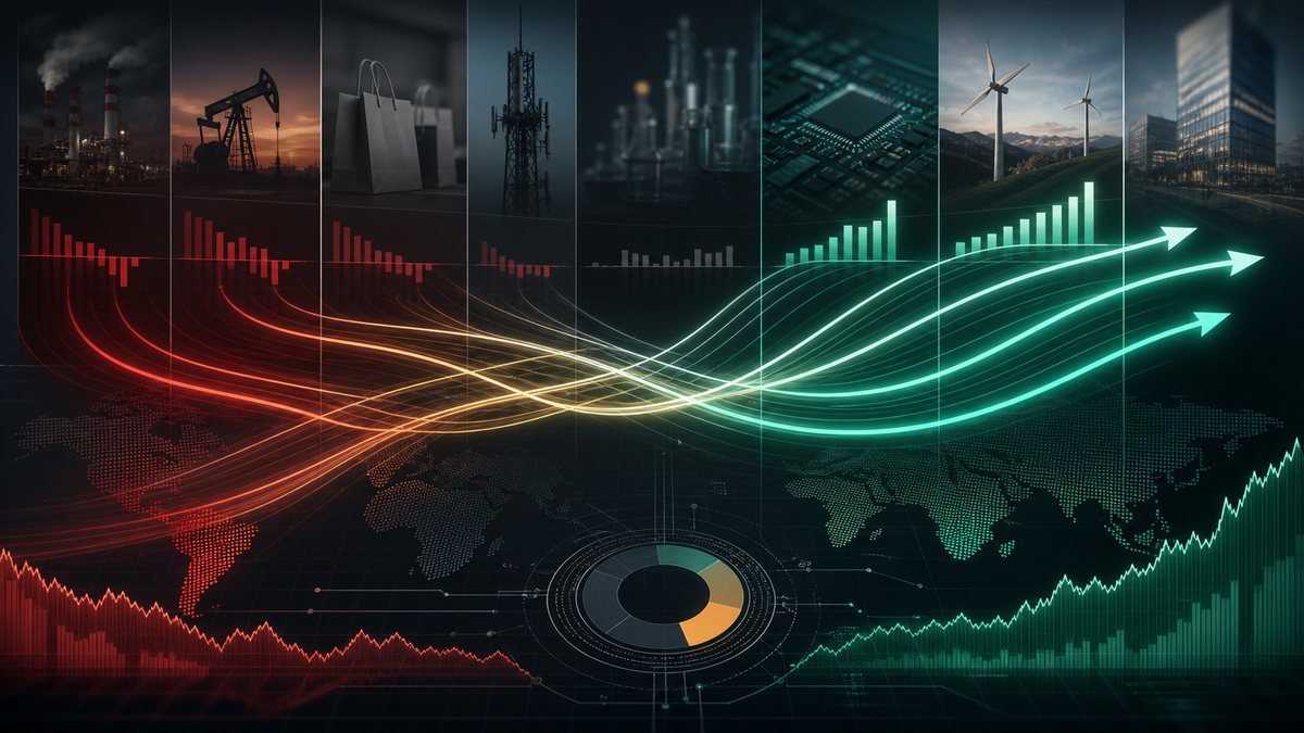 Abstract sector rotation map with capital flow lines moving between market sectors