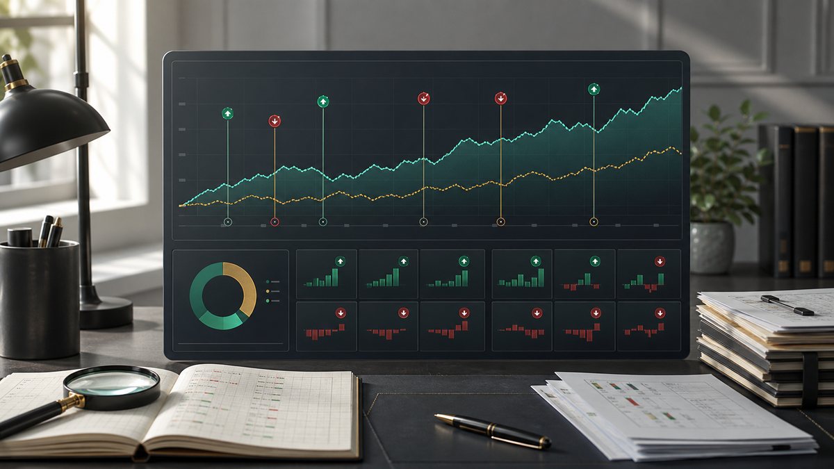 Transparent stock pick performance dashboard compared with a benchmark line